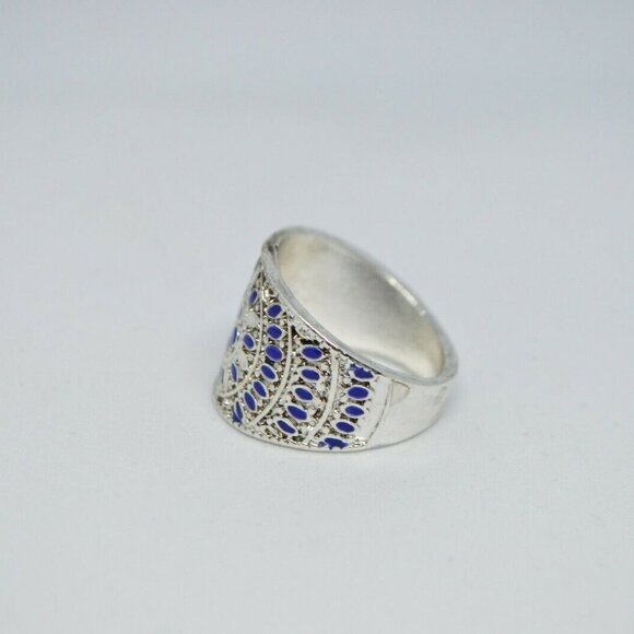 Blue Enamel Flower Silver Tone Statement Ring - Picture 3 of 4